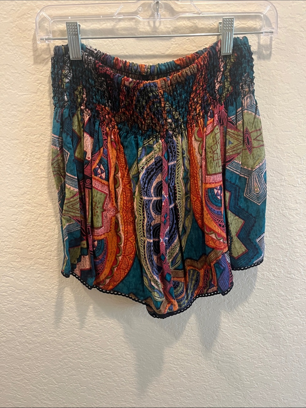 Angie Teal Orange Multi-Print Smocked Mini Shorts